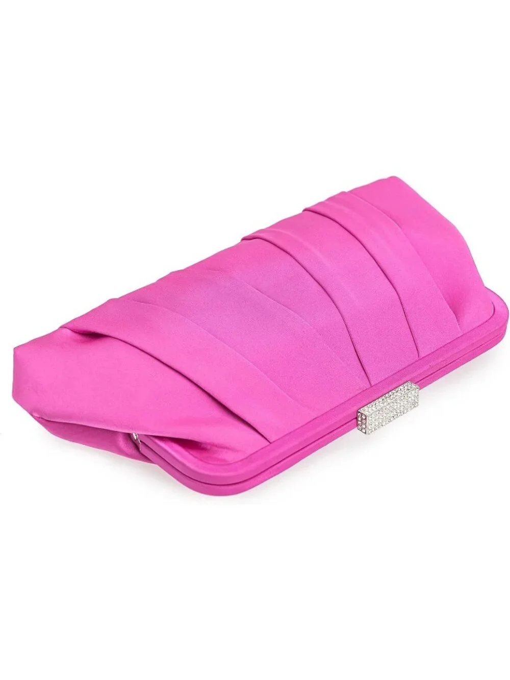 Women's Hot Pink Classic Pleated Satin Clutch Purse Diamante Formal Evening Bag
